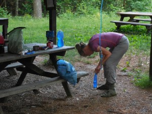 Mmmmmmmm! Cool, sweet mountain spring water filtered (don't want parasites giving us the shits) through our gravity system...